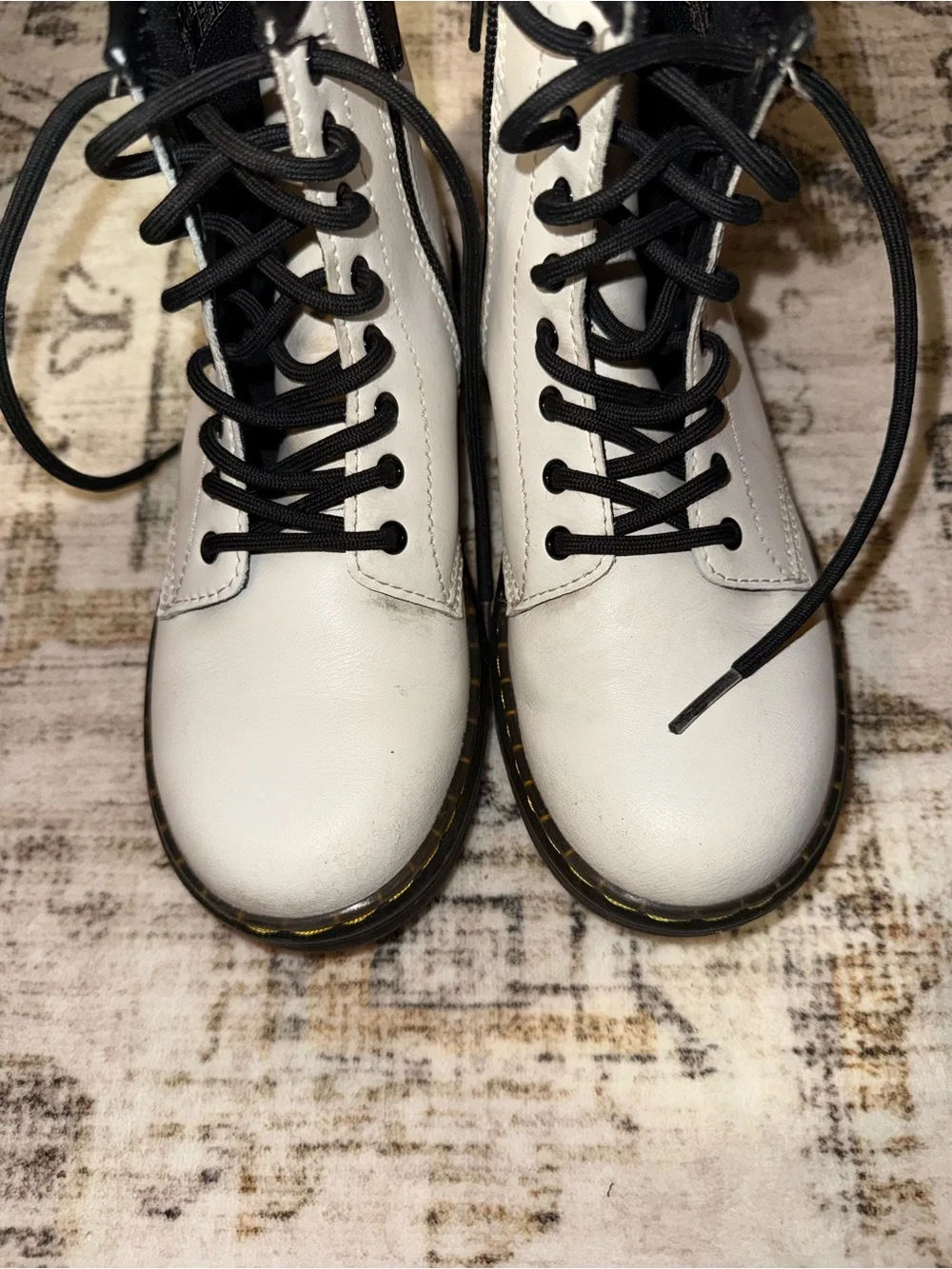 Dr. Martens Black and White Lace-Up Boots with Yellow Heel Loop